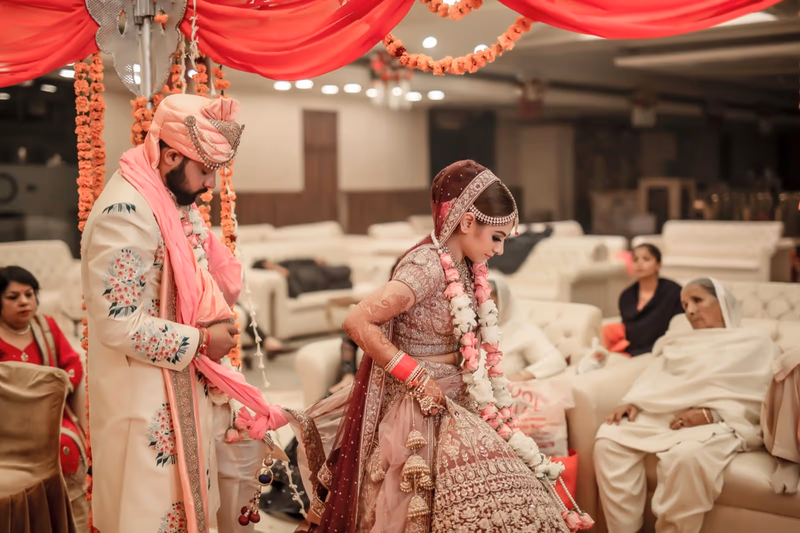 Elegantly dressed wedding reception hall at The Saharsh Pavilion